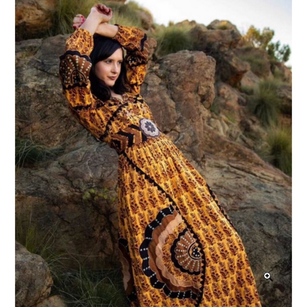 Talisman | Beaded and Embellished Golden Floral Maxi Dress with pockets | Sz M